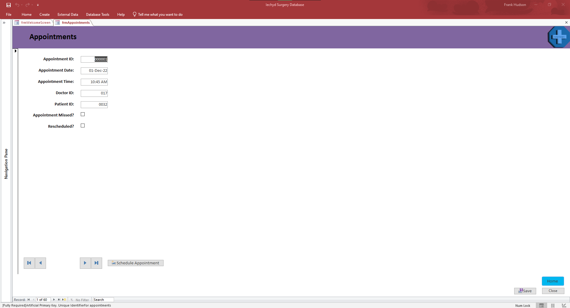 appointment data management form
